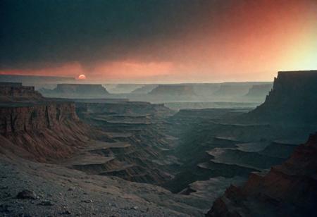 Dark Gray and black landscape, with deep canyons, desolate wasteland, Stone ruined monoliths littering landscape, sci-fi aesthetics, film photography style, a moody picture of Gas Giant alien landscape composed primarily of hydrogen and helium, with no solid surface and a thick atmosphere, cloudy weather, Red sunlight, muted colors, hazy, vintage, analog style, Busy crowded city strret, City<lora:SDXL_FILM_PHOTOGRAPHY_STYLE_Alphav0.2:1>