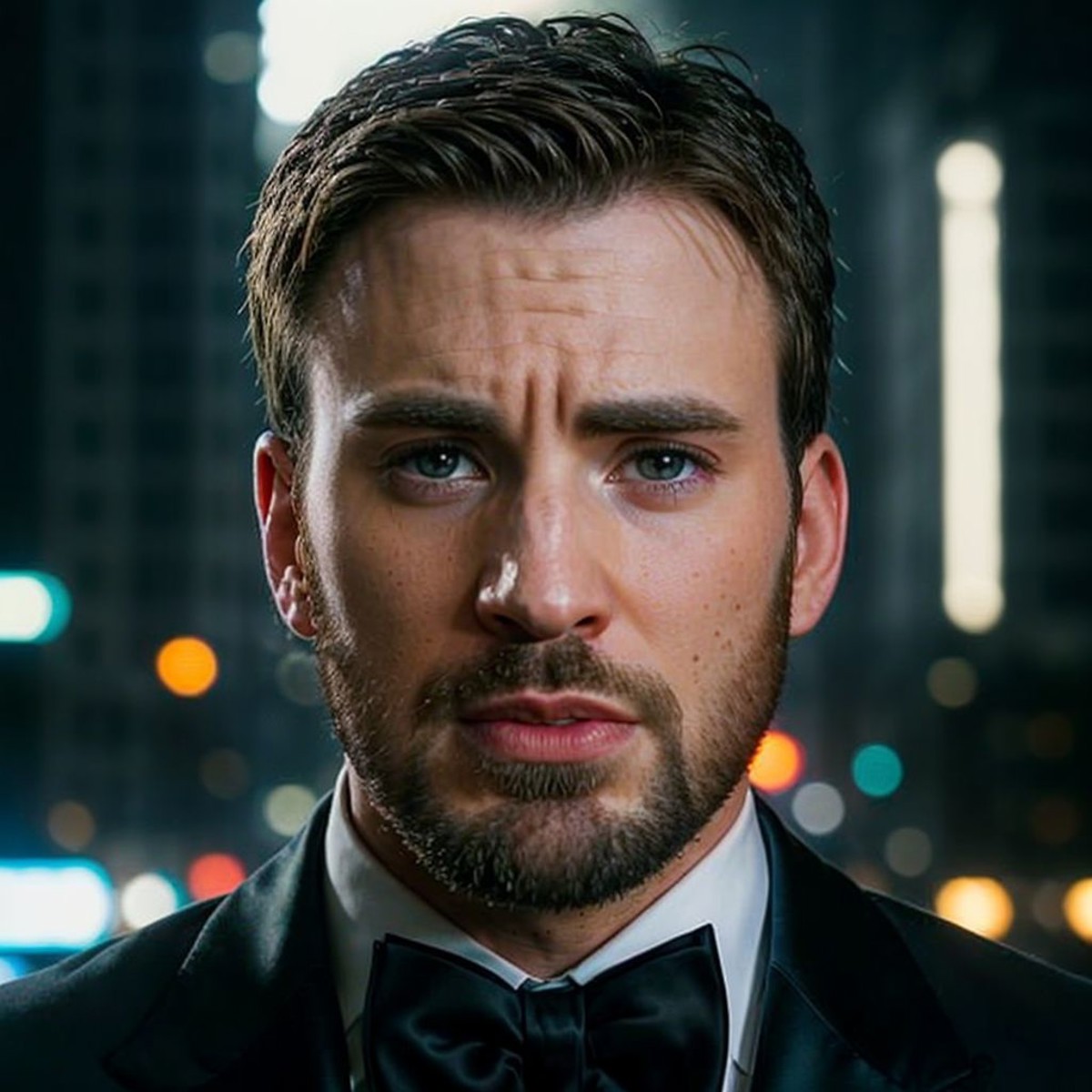 face portrait of chrisevans person using a tuxedo, in blade runner, professional photography, high resolution, 4k, detaile...