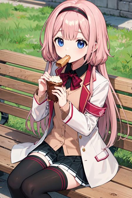 masterpiece, best quality, highres, aasango, long hair, black thighhighs, black hairband, white jacket, armband, school uniform, blue eyes, black skirt, brown cardigan, black shirt, open clothes, long sleeves, plaid bow, <lora:suo_sango_v1:0.7>, bench, sitting, food, eating, outdoors