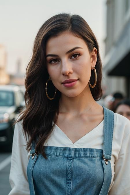 photo of beautiful (jg_dev1nbr:0.99), a woman with beautiful hair, hair upsweep updo, as a movie star in a (movie premiere), premiere gala, (near a movie theatre), natural skin texture, (elegant denim overalls), (long sleeve shirt), (suspenders:1.2), 24mm, 4k textures, soft cinematic light, adobe lightroom, photolab, hdr, intricate, elegant, highly detailed, sharp focus, ((((cinematic look)))), soothing tones, insane details, intricate details, hyperdetailed, low contrast, soft cinematic light, exposure blend, hdr, faded, (paparazzi in background), (painted lips:1.1), ((looking straight at the camera:1.1)), (hoop earrings)