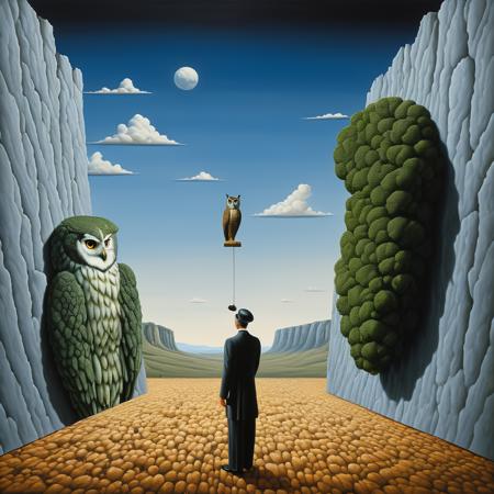 Surrealist art  <lora:FF-Style-Rafal-Olbinski.LORA:1> in the style of rafal oblinski, a collage of paintings with a lonely man, an owl and a broccoli, the absurdity of love in a loveless world full of clowds and waterwalls. hyperdetailed, oblinski painting, expanded surrealism, neosurrealism, pop surrealism, surrealist art, perfect composition, abstract, innovative, dreamlike, mysterious, provocative, symbolic, intricate, detailed, revolutionary masterpiece
