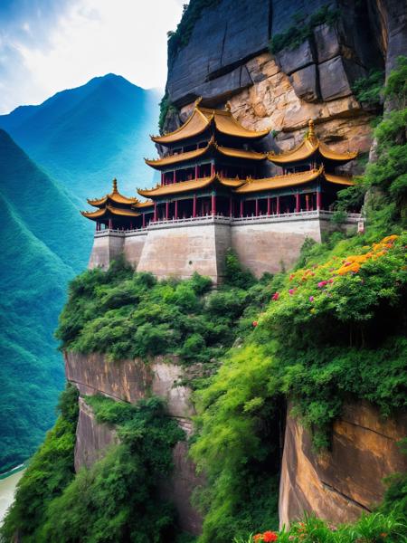 A majestic Chinese temple built into a rock wall on the edge of a mountain. Overseeing a lush green valley,with colorful flowers,and a river,serene,natural,cinematic,