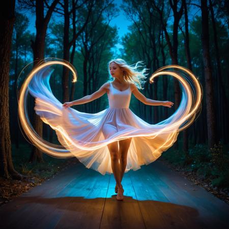 Fairy tale Music, emotions, expression of feelings, started to focus on the moment, awakens emotions, girl, blonde hair, levitate, dancing, Magic realism painting art style, surreal compositions, vibrant colors, blurs the line between reality and fantasy, long exposure photography, streaking lights, smooth motion, dreamy landscapes, ethereal atmosphere, light painting, creative expression, time manipulation, surreal effects, captivating visuals, artistic interpretation, immersive experience, unique perspective . Magical, fantastical, enchanting, storybook style, highly detailed