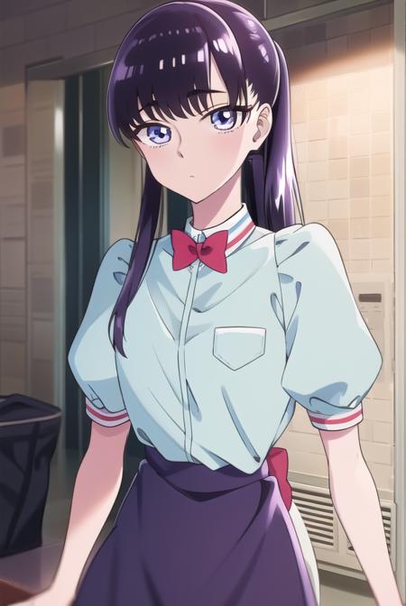 akiratachibana, <lora:akiratachibana-lora-nochekaiser:1>,
akira tachibana, long hair, bangs, black hair, (purple eyes:1.1),
BREAK skirt, shirt, bow, ponytail, short sleeves, puffy sleeves, bowtie, uniform, apron, red bow, blue shirt, waist apron, waitress, employee uniform,
BREAK looking at viewer,
BREAK indoors, classroom,
BREAK <lora:GoodHands-vanilla:1>, (masterpiece:1.2), best quality, high resolution, unity 8k wallpaper, (illustration:0.8), (beautiful detailed eyes:1.6), extremely detailed face, perfect lighting, extremely detailed CG, (perfect hands, perfect anatomy),