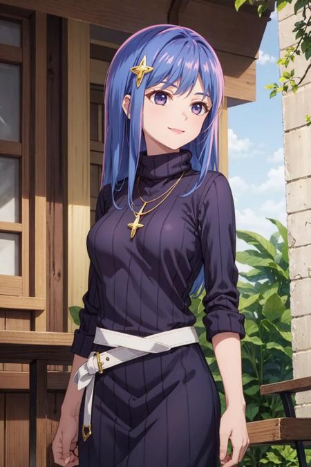 maha, blue hair, long hair, purple eyes, hair ornament,  turtleneck sweater, purple sweater, white belt, necklace, white dress, puffy short sleeves, white gloves,