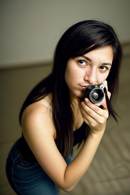 The image portrays a young woman with long, dark hair holding a vintage camera close to her face, partially obscuring one of her eyes. She gazes directly into the lens with an intense, thoughtful expression. The photograph has a distinct cinematic and nostalgic aesthetic, with soft lighting, a grainy texture, and subtle color grading that gives it a vintage, film-like quality.
Subject and Composition
The subject's face is positioned slightly off-center, drawing immediate attention to her sharp and expressive features. Her dark, well-defined eyebrows frame her deep-set eyes, which are slightly shadowed, adding to the introspective mood of the image. Her lips, which are slightly parted and tinted a natural red, contrast subtly with her smooth, pale skin. Strands of hair fall loosely across her face, reinforcing the unposed, organic nature of the portrait. from above,
The camera she holds is an older model, silver and black with a rounded lens, possibly a vintage point-and-shoot film camera. Its reflective surface catches some light, making it a noticeable focal point. Her fingers gently rest on the camera's body, showcasing her relaxed grip, suggesting familiarity and comfort with the device. The camera partially obscures her left eye, creating an artistic and symbolic interplay between the act of capturing an image and being observed.