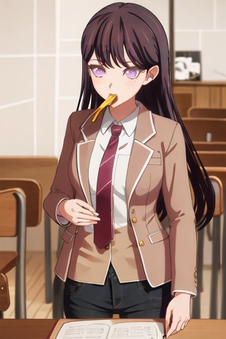 best quality, masterpiece, highres, solo, {shiina_taki_bangdreamitsmygo:1.15}, long_hair, black_hair, purple_eyes, mole_under_eye, mole, bangs, indoors, brown_hair, 1girl, blazer, collared_shirt, jacket, necktie, school_uniform, shirt, white_shirt, looking_at_viewer, open_mouth