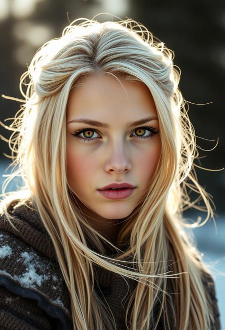 stunning blonde girl, nordic princess, amazing amber eyes, the sunlight behind her is illuminating her golden blonde hair, her expression is intense yet the emotion is undefinable, the cold wind gently blows the delicate strands of blonde hair