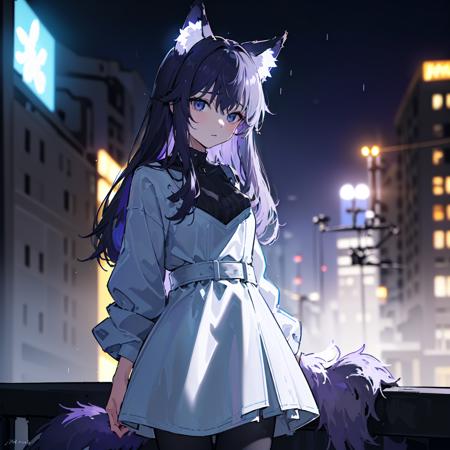 , (((masterpiece, best quality))), (((2girls))),(girls, elderly girls, beautiful girls, 2_girls, cute cirls),(((slice of life))),(((masterpiece, best quality, extremely detailed, highres, 8k, wallpaper))) , (((wolfgirl))),(((animal ears))), ((wolf ears)),((wolf tail)), ((cyberpunk)), (((night time))), (((dark hair, purple hair, violet hair, long hair, big eyes, grey eyes,beautiful grey eyes, beautiful face, deep blue inner color, grey hair, coat, black coat, rooftop))), (((coat, white coat, pantyhose, white, white pantyhose))) (((night, night time,outdoors, dark, city, cityscape, neon lights, streets, midnight, highway, flare, lens flare, cyberpunk, street lamp, crowd))), ((rain, wet, lights, bloom, lens effect, sea of lights, fog, mist)),(((talking, speaking, relaxed, relax))), (anime character), (((high contrast))), backlighting, <lora:backlighting:0.4>, <lora:coloricher:1>