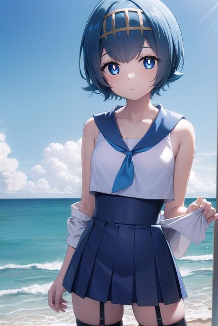 pokemonlana, blue eyes, blue hair, freckles, hairband, short hair, white pupils, yellow hairband, (bright pupils:1.5), bare arms, black thighhighs, blue sailor collar, blue skirt, collarbone, one-piece swimsuit, pleated skirt, sailor collar, shirt, skirt, sleeveless, sleeveless shirt, swimsuit, swimsuit under clothes, thighhighs, white shirt,