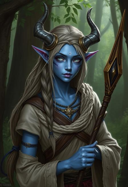 (((detailed, beautiful, high quality))), female tiefling, blue skin, white sclera, no iris, blank eyes, druid clothing, forest environment, holding druid staff