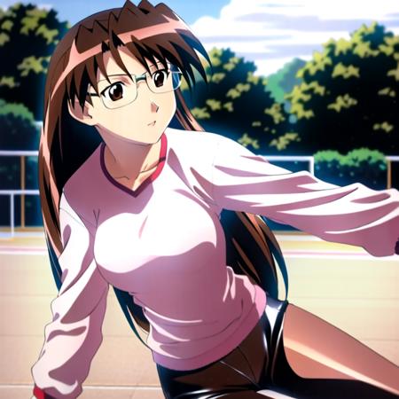 <lora:KoyomiLoRA:1>, 1girl, solo, (full body), koyomi mizuhara, black glasses, brown hair, long hair, brown eyes, looking at viewer, white shirt, gym uniform, (stretching), outdoors, lighting