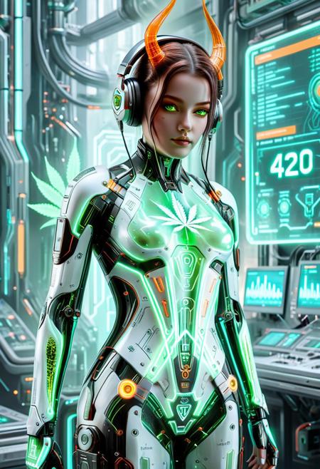 420futurism, Futuristic cybernetic figure of a humanoid girl with a translucent body. consisting of luminous circuits and mechanical parts.The figure is outlined in green with noticeable orange accents.A heart-shaped energy core emanates from the grudi area, with technical diagrams and digital data, a science-fiction image, in the background.The character has stylized hair with horns and headphones. cyberpunk art