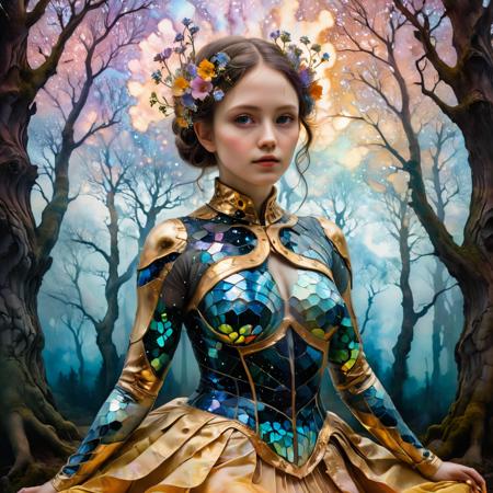 (Double exposure:1.3) photo of a noble lady made of mosaic of iridescent crystal glass with sub scattering mirror surface imposing onto transparent tree hollow trunk in living brocade underbust dress made out of flowers, bokeh sky by Peter Gric, Conrad Roset, Brandon Kidwell, Andreas Lie, Dan Mountford, Dan Witz, Agnes Cecile, Jeremy Mann, fine art, super dramatic moonshine, silhouette photoillustration, amazing depth, intricate detailed fine cracked surface, stunning atmosphere, mesmerizing whimsical vibrant scenery, complex masterwork by head of prompt engineering  , hyperkraximalism  <lora:hyperkraximalism:0.72>