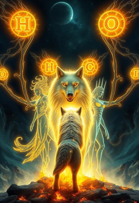 Wolf vs 7 bioluminescence translucent entities they are,
A Bioluminescence translucent Hydrogen God - H (Atomic number 1)
A Bioluminescence translucent Helium Goddess- He (Atomic number 2)
A Bioluminescence translucent Lithium God - Li (Atomic number 3)
A Bioluminescence translucent Beryllium Goddess- Be (Atomic number 4)
A Bioluminescence translucent Boron elf - B (Atomic number 5)
A Bioluminescence translucent Carbon/humanoid - C (Atomic number 6)
A bioluminescence translucent Nitrogen/demon - N (Atomic number 7)
Oxygen - O (Atomic number 8)
Masterpiece, 32k, 16k, 8k, 
sporadic bursts of volcanic energy.