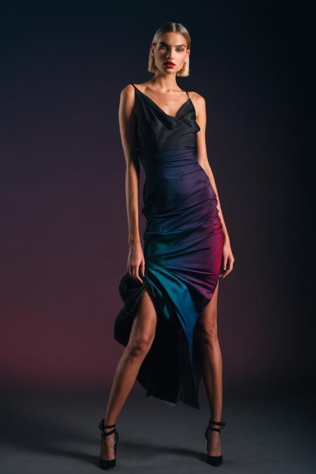A professional (fashion photo photography:1.2),a  (studio portrait:1.2),the modle dress in (edgy clothes:1.2),showing (strong surrealistic style:1.1),((exaggerated character movements:1.5)),(ow and dark saturation mixed colors gradient background:1.2),dramatic lighting,(Panoramic photo:1.5) showing whole body,philosophical dimensions,NIKON Z9,35mm,f/1.2,RAW format,stark composition.,(muted tones:1.2),award winning photo,(dream-like quality:1.2),