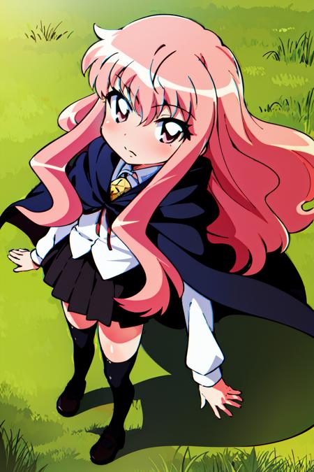 louise zero default, louise francoise le blanc de la valliere, <lora:Louise Zero_v0.2:1>, 1girl, solo, pentacle, cape, long hair, (pink hair:1.1), wavy hair, floating hair, pink eyes, portrait, hair between eyes, standing, full body, black miniskirt, black pleated skirt, black skirt, thighhighs, black thighhighs, grass, day