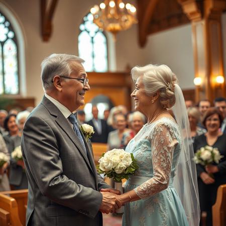 50th golden wedding anniversary remarriage, chapel, 75yo cute man in suit, 70yo beautiful woman in light blue wedding dress, make up, looking at each other, holding hands at the altar, smiling, crowd of younger family members watching happily, close up on husband and wife