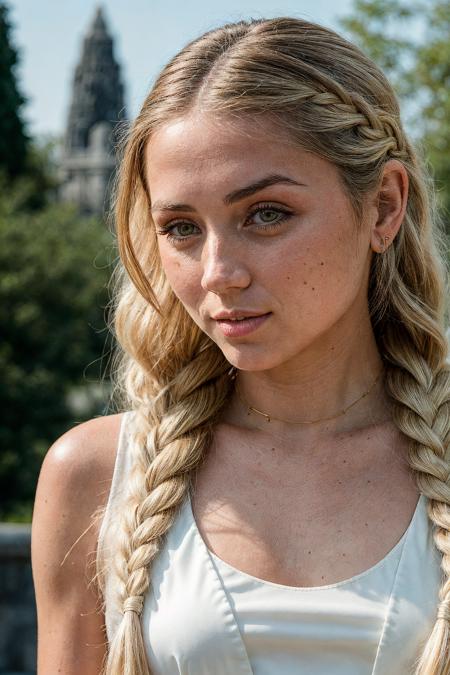 RAW photo of skswoman, subject, loving, 8k uhd, dslr, soft lighting, high quality, film grain, Fujifilm XT3
wearing silk , with light blonde Side braid , background jewish temple
