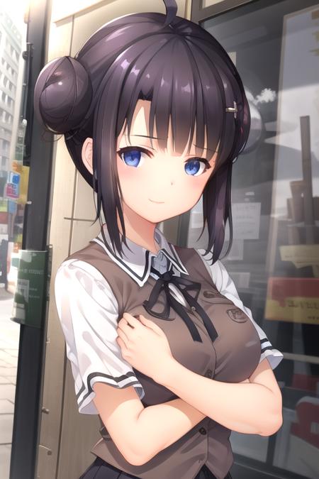 Wen Zhi ahoge,very long hair,black hair,hair ornament,single hair bun,single side bun,bangs,blue eyes brown vest,neck ribbon,black ribbon,collared shirt,white shirt,short sleeves,large breasts,miniskirt,black skirt,pleated skirt,zettai ryouiki,black thighhighs,loafers