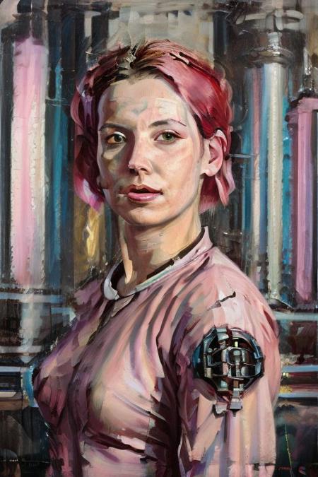 young woman in her 20s from the future, pink hairs Side-swept, cyberpunk classy starship commander <lora:jgurney:0.9> oil painting brush strokes