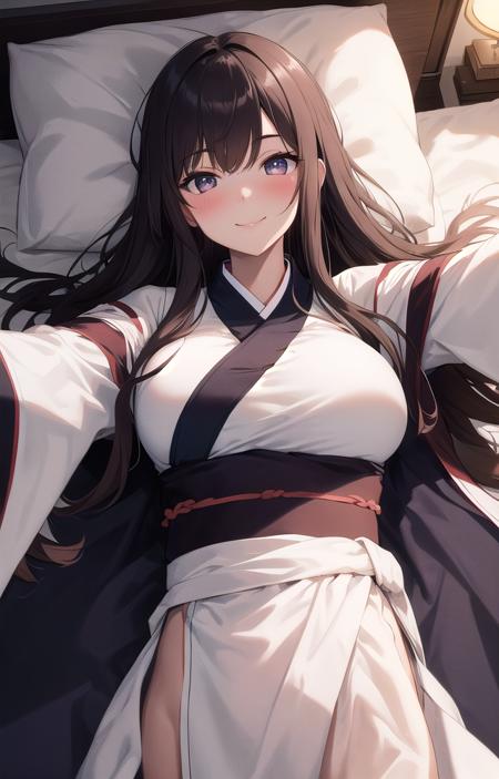 masterpiece, best quality, aesthetic, 1girl, solo, black eyes, brown hair, long hair, large breasts, hanfu, long sleeves, lying, on back, outstretched arms, smile, blush, from above, looking at viewer, (upper body), indoors, on bed, bed sheet, pillow, cinematic lighting, professional shadow