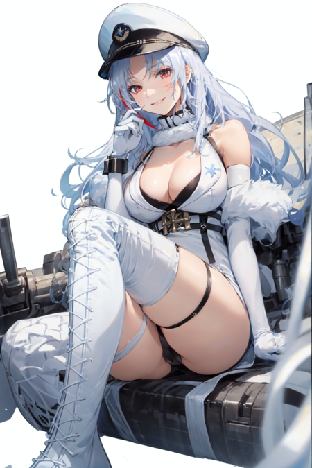 tallinn_(azur_lane), 1girl, solo, looking at viewer, smile, simple background, thighhighs, gloves, hat, white background, dress, cleavage, bare shoulders, sitting, ass, thighs, boots, elbow gloves, white gloves, white dress, white headwear, thigh boots, white footwear, peaked cap, cross-laced footwear