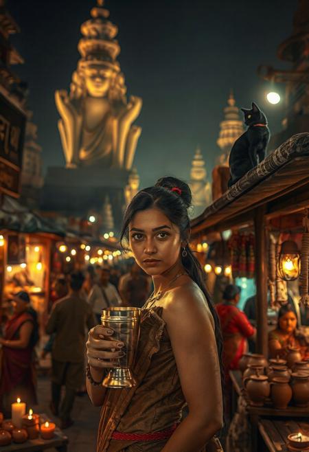 Setting is ancient Indian street market at night, ((all writing is in Indian)), ((all lighting is by candles, and flame torches,  the market is comprised of street vendors selling food, weapons, and clothing. People wearing Ancient Indian clothing are walking through the street market shopping and eating, A sleek black cat with red collar sits on a nearby wooden roof at a market kiosk. Behind the a kiosk counter are clay containers of Indian beer, (((a beautiful woman, 24 years old, is standing in the foreground facing the viewer with a metal goblet of beer in her hand. Her eyes are beautiful and focused on the viewer, she has an expression of interested curiosity))), the woman is dressed in Ancient Indian style clothing combining a sexy and classic Ancient Indian aesthetic. Enormous Ancient Indian statues and temples are visible in the background and around the scene and smaller statues and Ancient Indian architecture is prevalent in the market, The woman's hair is elegantly tied up with a ribbon. Artistic Ancient Indian aesthetic, dynamic perspective, (((overall architectural aesthetic is Ancient Indian))).  Epic image that elicits a feeling of wonder and awe,
