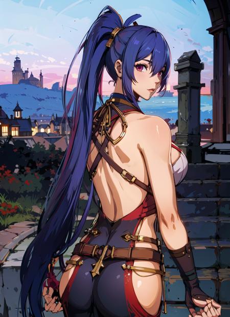 <lora:mai:0.8> mai, outdoors, from behind, castle ruins, stairs, upper body, looking at viewer, depth of field, <lora:Arcane Style:0.4> <lora:Genshin Impact:0.5>, best quality, masterpiece, absurdres,