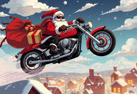 anime style, Santa claus in a flying harley davidson motorcycle with a red leather jacket and black sunglasses with a giant bag with gifts , flying over a town throwing gifts down the chimneys of the houses, clouds