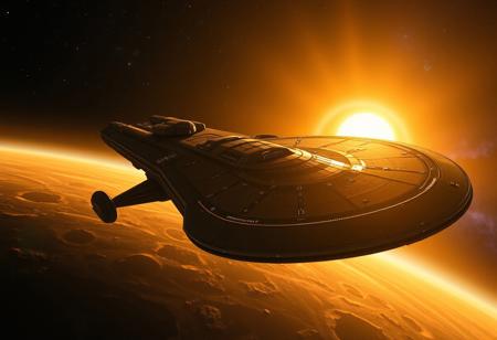 (8k, best quality, masterpiece:1.2), ultra-detailed, Masterpiece, realistic lighting, long-range perspective, maintenance-ring, battle damage starship, beautiful golden lighting as the sun peaks out from behind a planet. its atmosphere creating a beautiful golden crescent shape. some stars should be visible as well as a teal and purple nebula in the distance.