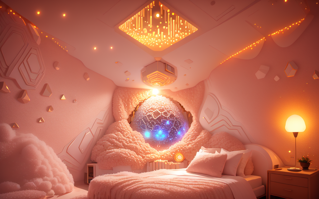 in olidisco style a (cozy)++ upscale+ (quantum fluctuation futurism)++ bedroom, soft LED lighting, low light
