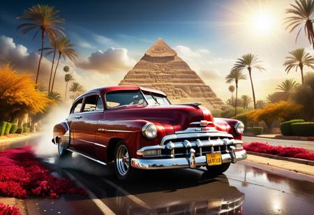 cinematic photo of 1950 Chevrolet Coupe Sedan 2 door, magnificent three pyramids of Giza appear clearly, charm, highly detailed car, Professional lighting, full of life, Lively and energetic, 8K, rays of sun flow beyond heavy clouds, HDR, Fast & Furious movie, motion blur, moving tires, Cinematic Shot, Cinematic Lighting, amazing world, pure perfection, Need For Speed, wide angle exterior background, wet asphalt road, autumn leaves, grass, flowers, jasmine flowers, palm trees, nebula horizon.
