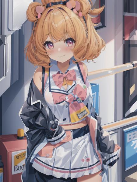 1girl, solo, eimi, hamster girl, small hamster ears, short skirt, sleeveless shirt with collar, exposed arms, hanging jacket, (((closed mouth))), blush, shy, <lora:Eimi-PC_1:1>, short hair, midriff, ((masterpiece)), fuschia eyes, medium breasts, big eyes,