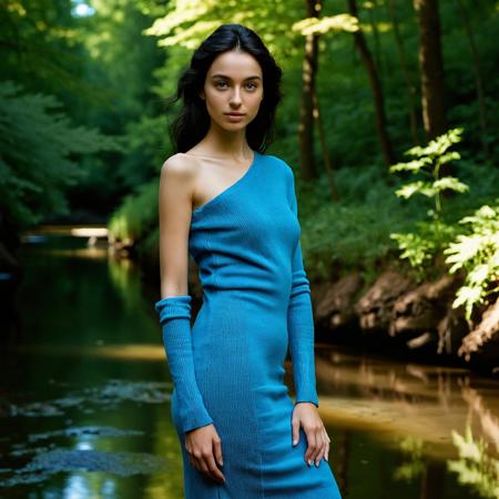 RAW full body analogue photo of a beautiful 20 years old woman, clear focus, 8K,__Random_Woman__,Wearing elegant one-shoulder sweater dress. Detailed eyes framed by long, perfect eyelashes. Her eyebrows are perfectly arched and delicate, adding grace to her gaze. Subtle eyeliner. Light make-up. Detailed face. Soft features. Sensual. Photorealistic, Natural atmospheric lighting, intricate details ,low light, soft natural light, Rembrandt style light, Hasselblad DLSR camera, 200mm Zeiss lens, f/2.8 ,Sexy pose, erotic pose, exhibitionism ,Forest stream