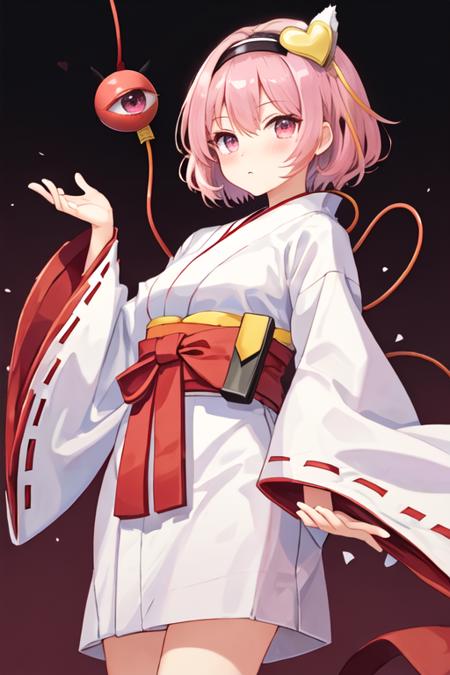 best quality, masterpiece, highres, solo, {white kimono:1.35}, {red hakama:1.35}, {wide sleeves:1.20}, {komeiji_satori_touhou:1.15}, heart, short_hair, hairband, pink_hair, third_eye, pink_eyes, blush, hair_ornament, heart_hair_ornament