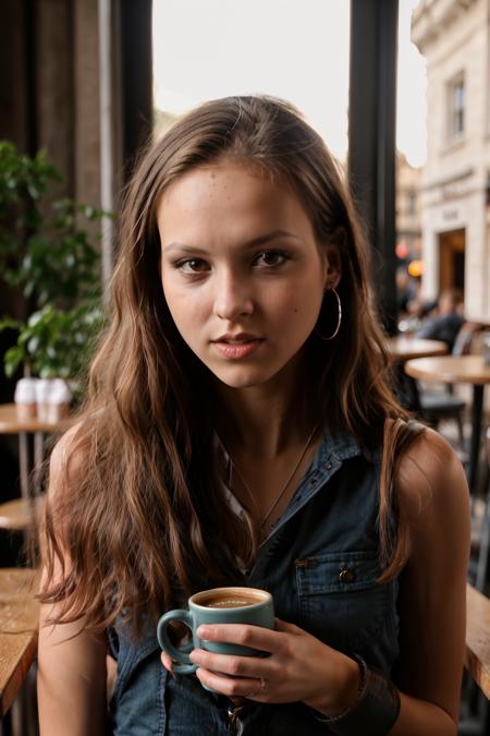 <lora:AndreaBetakova:0.80>,  full color portrait of a young woman, having coffee at a vintage cafe, natural light, RAW photo, subject, 8k uhd, dslr, soft lighting, high quality, film grain, Fujifilm XT3, Nikon D850