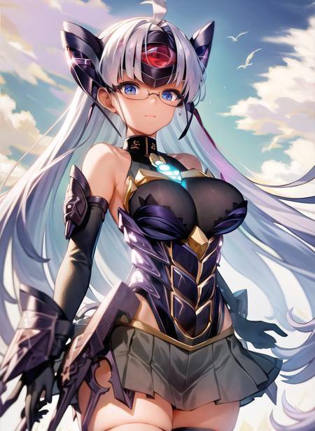 1girl,masterclass,best quality, outdoors,spacecraft,   black_thighhighs, elbow_gloves, glasses, gloves, headgear, sleeveless,  leotard, black_leotard, TElosXenoblade2, black_skirt  <lora:T-ElosV2D8_e6:1>