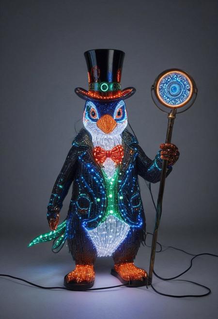 embedding:lazmpos, LED, colorful LED lights, RGB lights, red green and blue penguin, art deco, top hat, cane, monocle,RetroBG
