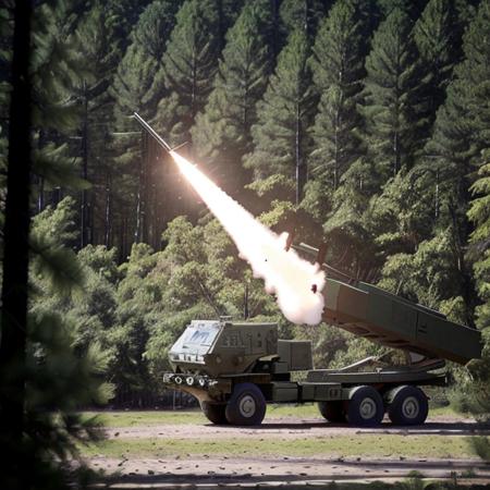 a photo of a HIMARS launching rockets in a forest <lora:himars16-v1-step125:1>