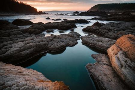 raw photo, a sunset landscape, oregon coast, tide pools, beach, forested cliffs, cozy, photorealistic, high detailed texture, 8k uhd, dslr, soft lighting, high quality, film grain, Fujifilm XT3, Sony A7 IV, highly detailed photography, (muted colors, cinematic, dim colors, soothing tones:1.2), vibrant, insanely detailed, hyperdetailed, (dark shot:1.2), (vsco:0.3), (intricate details:0.9), (hdr, hyperdetailed:1.2) (highest coherency: 1.39) (highest quality: 1.39) (rule-of-thirds) (award-winning) (masterclass) (highest resolution: 1.39)