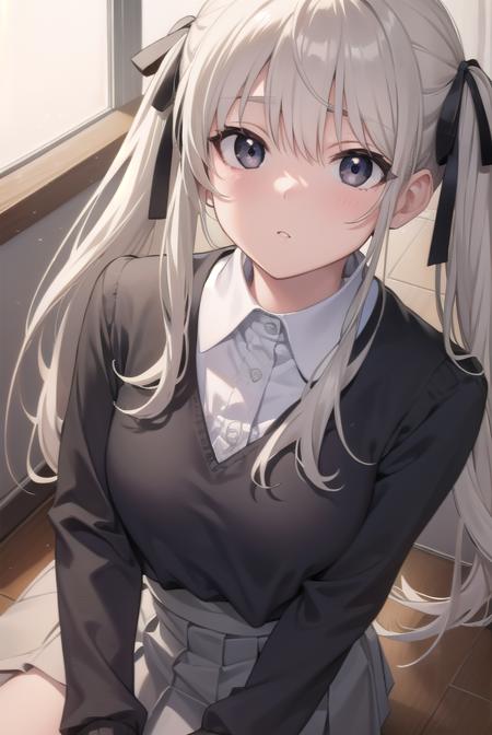 sorakasugano, <lyco:sorakasugano-lyco-nochekaiser:1>, 
sora kasugano, ahoge, (black eyes:1.5), hair between eyes, hair ribbon, long hair, twintails, black ribbon, white hair, (flat chest:1.2),
BREAK black footwear, black pantyhose, grey ribbon, grey skirt, loafers, long sleeves, miniskirt, pantyhose, pleated skirt, sailor collar, school uniform, serafuku, shoes, skirt, white sailor collar, white serafuku,
BREAK looking at viewer,
BREAK indoors, classroom,
BREAK <lyco:GoodHands-beta2:1>, (masterpiece:1.2), best quality, high resolution, unity 8k wallpaper, (illustration:0.8), (beautiful detailed eyes:1.6), extremely detailed face, perfect lighting, extremely detailed CG, (perfect hands, perfect anatomy),