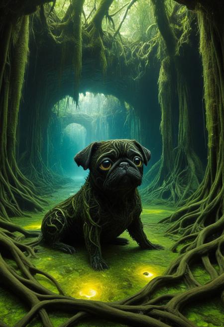 Movie poster
morph-treeroots, submerged root covered cute chibi robot black pug large head big yellow eyes, around submerged ruins covered in glowing algae
<lora:MoviePoster03-02_CE_SDXL_128OT:1>
mvpstrCE style