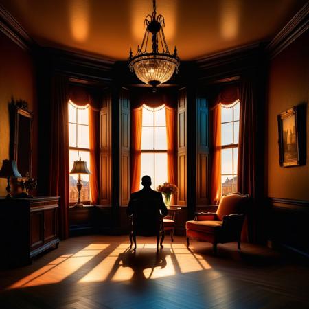 Ultra realistic color pencil  image of
a window looking in on a living room, where the silhouette of a man sitting on a chair, under a chandelier can be seen. The window is broken up into smaller windows by muntins.
BREAK
Dark theme, dynamic lighting, (soft shadows), (soft focus), (photo realistic), uhd, 8k