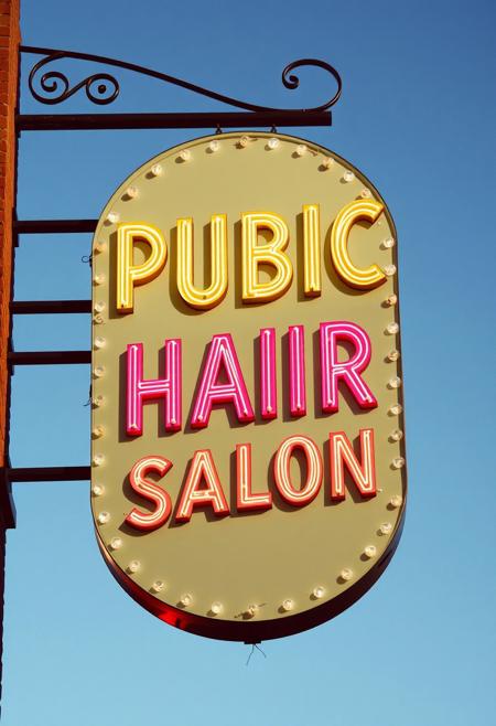 "PUBIC HAIR SALON"
Vintage sign design, retro design,