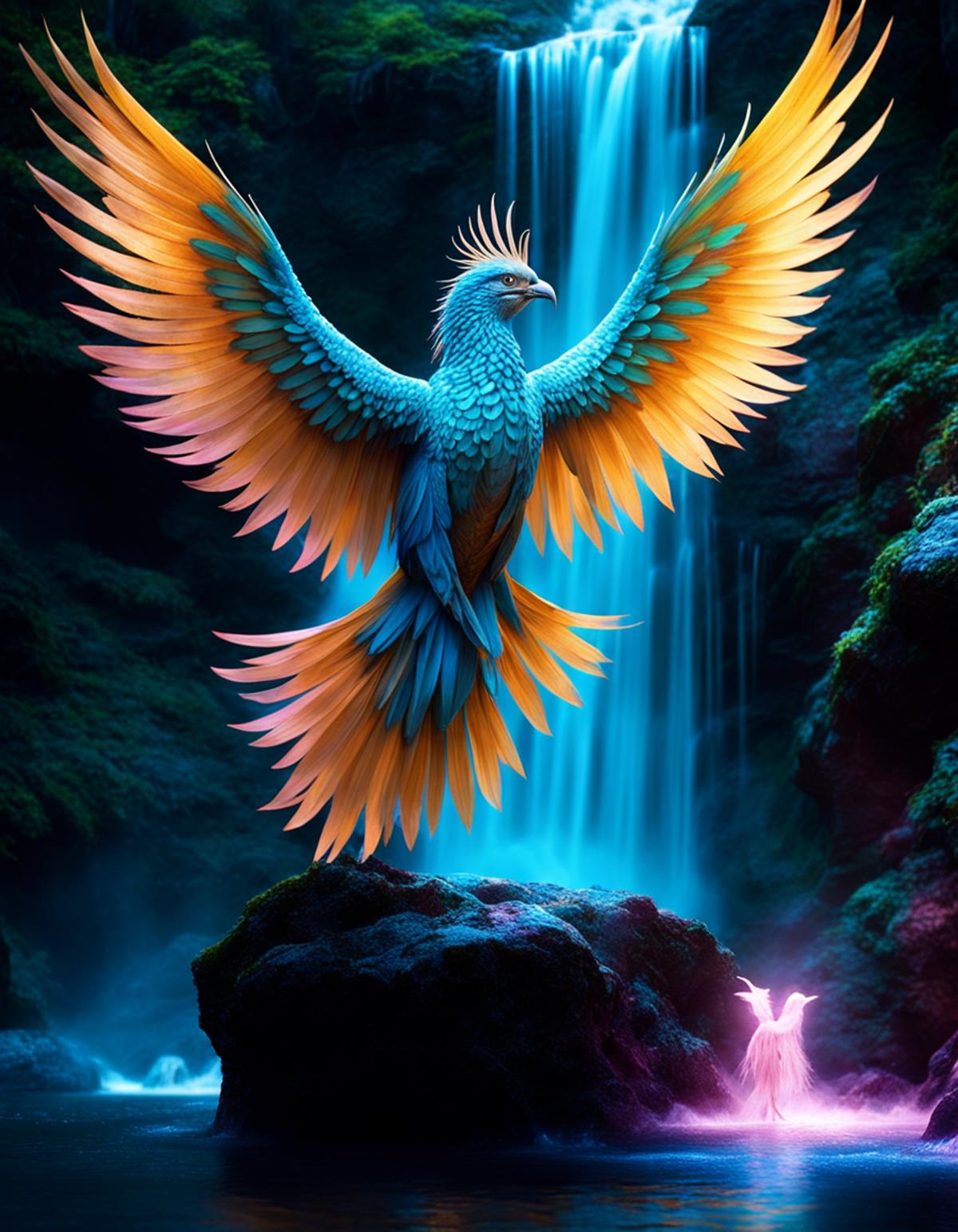 A colorful bird with blue and orange wings spread out in front of a waterfall.