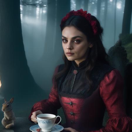 mila_kunis, <lora:MilaKunisXL:1>, alice in wonderland, holding a cup of tea, gothic style, mysterious magical ground fog, bioluminiscent drink, mist, soft light, cinematic, iridescent red, vivid details, toxic dust, polaroid aesthetic, nightmare atmosphere, ((perfect eyes, detailed eyes,realistic eyes)), ((sharp face, detailed face, realistic face, naturtal skin, realistic skin, detailed skin, pores))