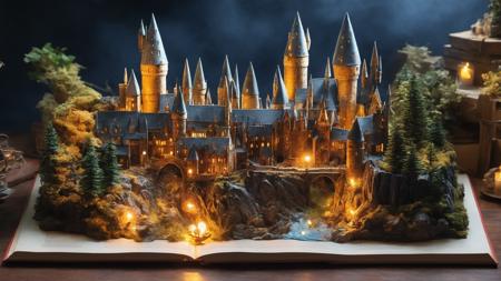 diorama, Harry Potter scene on a book, miniature Hogwarts castle, magical atmosphere, glowing wand, flying broomstick, floating candles, swirling potion, enchanted forest, intricate details, realistic textures, by a renowned miniature artist