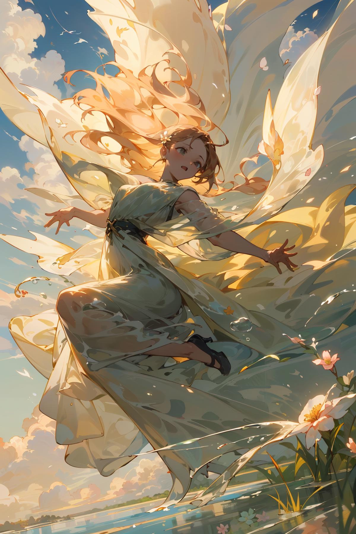 A young woman in a white dress flying through the air surrounded by flowers.