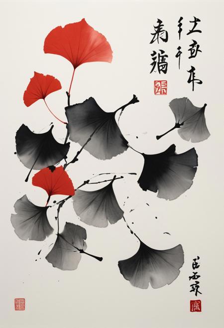 Poetic sumi-e with meticulously rendered gingko leaves cascading across washi paper, embodying the concept of mono no aware. The traditional ink wash technique creates a gradient from deep black to misty gray, with negative space suggesting autumn wind. red leaf accents catch imaginary light, while asymmetrical composition draws the eye through bold brush strokes and delicate detailing. Minimal red seal marks anchor the lower corner, balanced by calligraphic kanji suggesting impermanence. The scattered leaves display deliberate imperfections celebrating wabi-sabi principles, some rendered with a single masterful brushstroke, others with textural dry-brush technique. Subtle indigo undertones evoke twilight transitioning to evening, capturing the melancholic beauty of nature's transitional moments through the philosophical lens of yugen. <lora:aidmaFLUXPro1.1-FLUX-v0.3> <lora:ck-charcoal-drawing-000014> <lora:Niji B> <lora:bm-goth_epoch_1> <lora:flux_ptchkrawk> <lora:flux_dev>